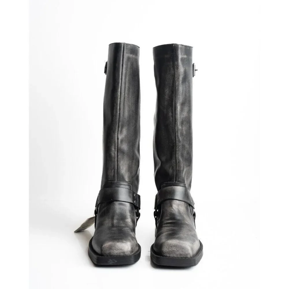 Pull&Bear Womens Leather Biker Boots Knee High Buckles EU 41 US 10 Gray distress